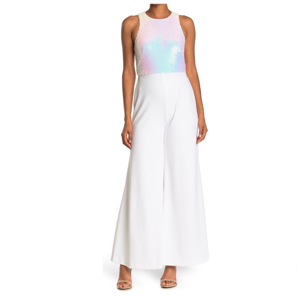 Calvin Klein White Sequin Iridescent Embellished Sleeveless Wide Leg Jumpsuit